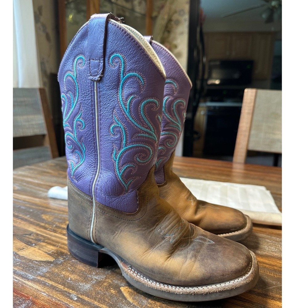 Old West BSC1907 Kids Western Cowboy Boots Brown Purple Teal Leather 1.5‎ D Grls